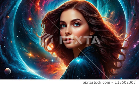Woman amidst vibrant cosmic scenery, planets orbiting nearby. Represents intersection of humanity and infinite universe. Ideal for themes of exploration, mystery. 115502305