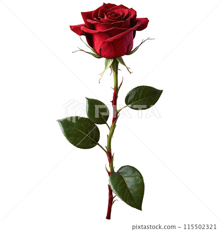 Red rose velvety petals spiraling outward deep crimson hue slightly unfurled Rosa hybrid. 115502321
