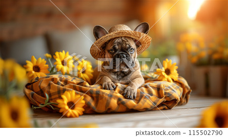 A brown French bulldog in a straw hat lies on a litter surrounded by yellow flowers. Copy space. 115502790