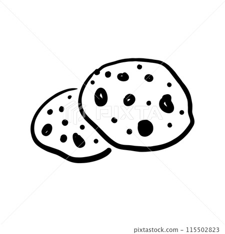 Chocolate chip cookies line sketch. Black line vector hand drawn illustration isolated on white background. 115502823