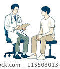 A man in his 30s in a white coat providing medical counseling and a man in his 20s wearing a T-shirt receiving a medical examination 115503013