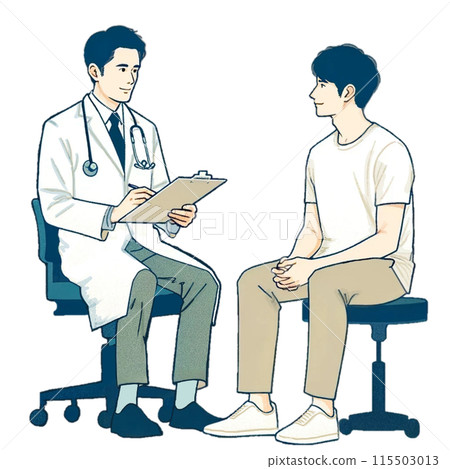 A man in his 30s in a white coat providing medical counseling and a man in his 20s wearing a T-shirt receiving a medical examination 115503013