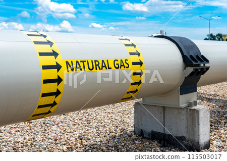Natural gas pipeline with high pressure showing the direction of gas flow. Concept of energy transportation infrastructure Natural gas pipeline with high pressure showing the direction of gas flow. Concept of energy transportation infrastructure 115503017