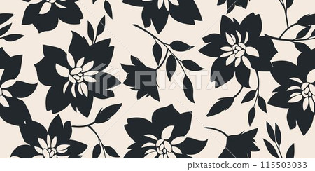 Flower seamless background. Minimalistic abstract floral pattern. Modern print in black and white background. Ideal for textile design, wallpaper, covers, cards, invitations and posters. Flower seamless background. Minimalistic abstract floral pattern. Modern print in black and white background. Ideal for textile design, wallpaper, covers, cards, invitations and posters. 115503033