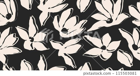 Flower seamless background. Minimalistic abstract floral pattern. Modern print in black and white background. Ideal for textile design, wallpaper, covers, cards, invitations and posters. 115503081