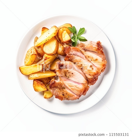 baked pork with potato wedges on a white plate 115503131