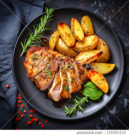 baked pork with potato wedges on black plate 115503132