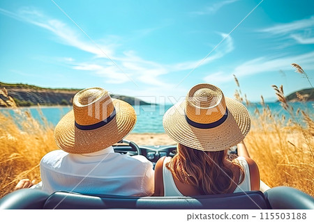 a young beautiful couple driving a convertible cabr 115503188