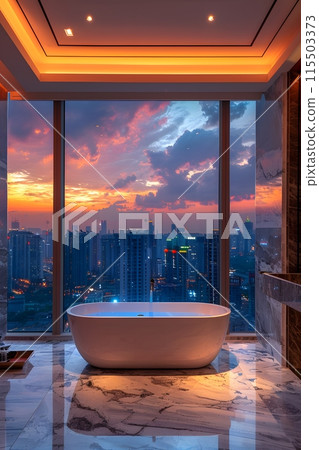 High-end luxury bathroom in a high-rise building Looks comfortable with a large mirror. The city view outside is very beautiful. Ideal for use as design inspiration for designers or property owners. 115503373