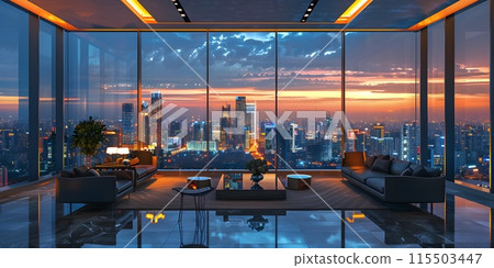High-end luxury club where visionary senior executives meet to define leadership in ever-changing business. The view outside is very beautiful. Suitable for use as inspiration for designers or users. 115503447
