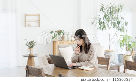 A woman doing research on a computer 115503554