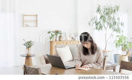 一名婦女在電腦上進行研究 115503556