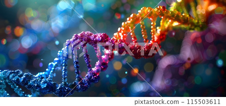 Illustration of rainbow DNA on a blue background. Suitable for introducing the concept of gender diversity. It was genetic from the beginning, the colors of the rainbow represent the LGBTQ people. Illustration of rainbow DNA on a blue background. Suitable for introducing the concept of gender diversity. It was genetic from the beginning, the colors of the rainbow represent the LGBTQ people. 115503611