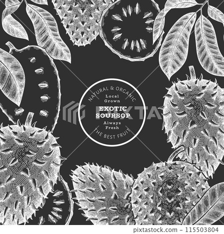 Hand drawn sketch style soursop fruit banner. Organic fresh fruit vector illustration on chalk board. Retro guanabana design template 115503804