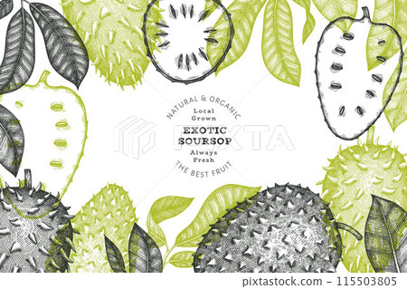 Hand drawn sketch style soursop fruit banner. Organic fresh fruit vector illustration. Retro guanabana design template 115503805