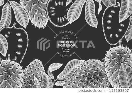 Hand drawn sketch style soursop fruit banner. Organic fresh fruit vector illustration on chalk board. Retro guanabana design template 115503807