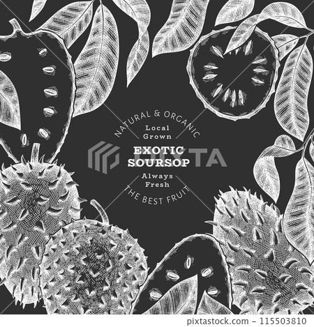 Hand drawn sketch style soursop fruit banner. Organic fresh fruit vector illustration on chalk board. Retro guanabana design template Hand drawn sketch style soursop fruit banner. Organic fresh fruit vector illustration on chalk board. Retro guanabana design template 115503810