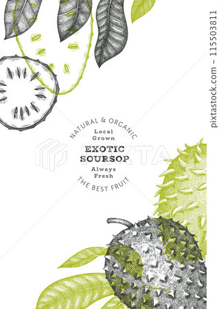 Hand drawn sketch style soursop fruit banner. Organic fresh fruit vector illustration. Retro guanabana design template 115503811