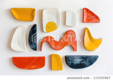Captivating, abstract ceramic pieces, masterfully crafted and painted in white, yellow, orange, black. Each unique shape, from curves to waves, brings dynamic touch to modern interiors. Generative AI. Captivating, abstract ceramic pieces, masterfully crafted and painted in white, yellow, orange, black. Each unique shape, from curves to waves, brings dynamic touch to modern interiors. Generative AI. 115503907