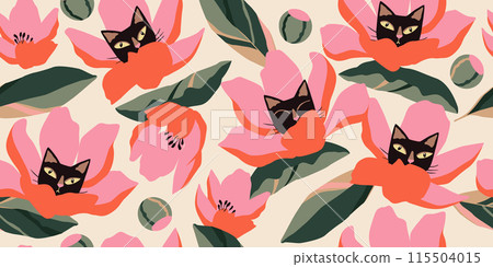 Seamless patterns with floral and kittens for fabric, textiles, wall art, poster, cover, banner, interior decor, Cat heads with flowers backgrounds. 115504015
