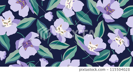 Seamless patterns with floral and kittens for fabric, textiles, wall art, poster, cover, banner, interior decor, Cat heads with flowers backgrounds. 115504028