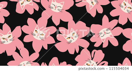 Seamless patterns with floral and kittens for fabric, textiles, wall art, poster, cover, banner, interior decor, Cat heads with flowers backgrounds. Seamless patterns with floral and kittens for fabric, textiles, wall art, poster, cover, banner, interior decor, Cat heads with flowers backgrounds. 115504034