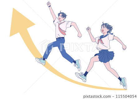 Male and female students in summer uniforms jumping energetically 115504054