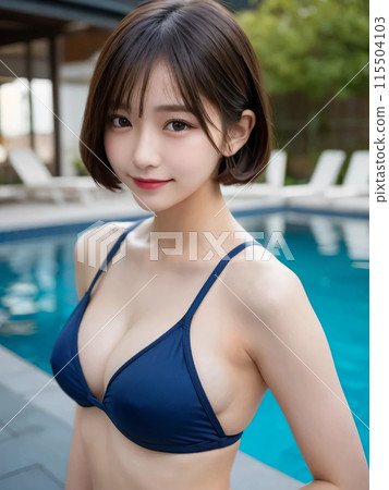 A short-haired woman wearing a swimsuit and smiling gently at the pool 115504103