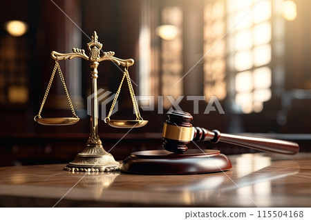 Judges gavel on wooden table with justice scale in background. Generative Ai Judges gavel on wooden table with justice scale in background. Generative Ai 115504168