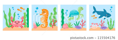 Set of cute cartoon sea animal square illustration. Crab, seahorse, turtle and shark characters. Undersea, marine life kid print, posters. Vector illustration Set of cute cartoon sea animal square illustration. Crab, seahorse, turtle and shark characters. Undersea, marine life kid print, posters. Vector illustration 115504176