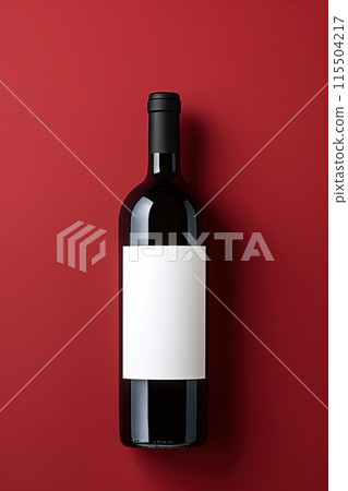 Wine bottle with blank white label isolated on red background. Add text or logo. Copy space. Ai Generative Wine bottle with blank white label isolated on red background. Add text or logo. Copy space. Ai Generative 115504217