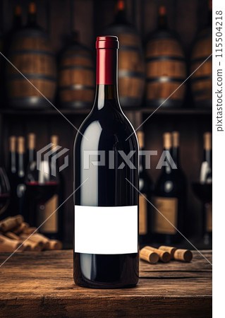 Wine bottle mockup with blank label on rustic wooden surface in wine cellar. Add text or logo. Copy space. Ai Generative Wine bottle mockup with blank label on rustic wooden surface in wine cellar. Add text or logo. Copy space. Ai Generative 115504218