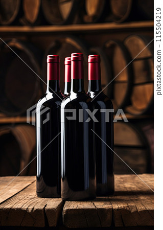 Wine bottles mockup without a label in rustic wine cellar. Add logo design or text. Copy space. Generative Ai Wine bottles mockup without a label in rustic wine cellar. Add logo design or text. Copy space. Generative Ai 115504219
