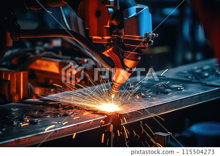 Welding robot in work. Artificial intelligence and future machinery. Generative Ai 115504273