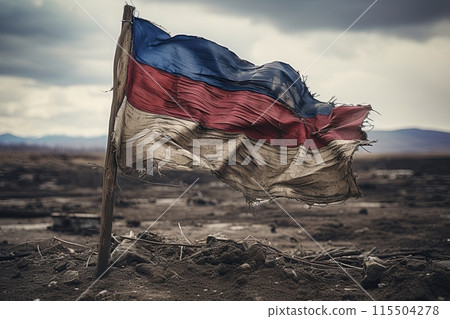 Russian flag waving in the wind all worn and dirty. Generative Ai 115504278