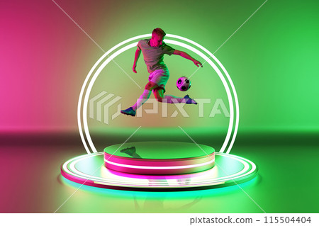 Dynamic image of focused young man, soccer player in motion with ball, playing on podium with led circle against colorful gradient background in neon. 3D render Dynamic image of focused young man, soccer player in motion with ball, playing on podium with led circle against colorful gradient background in neon. 3D render 115504404