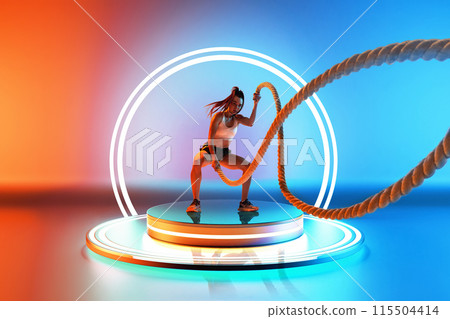 Athletic young woman training, doing workout exercises with rope on podium with led circle against colorful gradient background in neon. 3D render Athletic young woman training, doing workout exercises with rope on podium with led circle against colorful gradient background in neon. 3D render 115504414