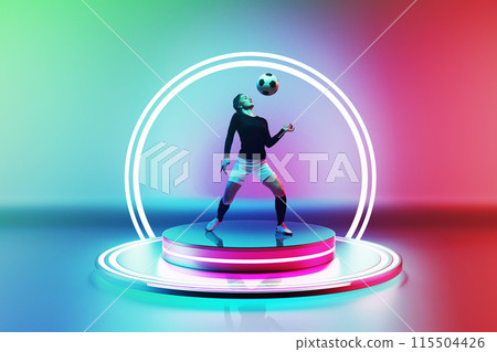 Focused woman, soccer player hitting ball with chest on podium with led circle against colorful gradient background in neon. 3D render Focused woman, soccer player hitting ball with chest on podium with led circle against colorful gradient background in neon. 3D render 115504426