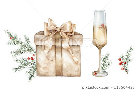 Watercolor set of Christmas tree branches and red berries of ilex . Hand painted glasses of white wine or champagne and New Years beige gift boxes with golden bows illustration on isolated background. 115504455