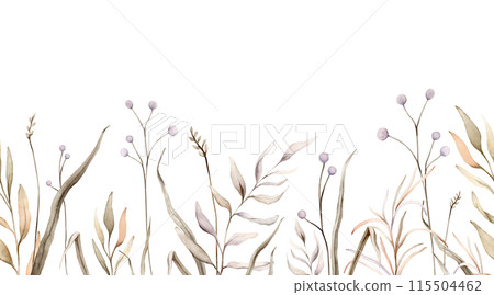 Seamless border with watercolor fantasy botanical illustration branches and flowers. Lilac circle floral illustration. Fall vibes. Hand drawing isolated on background. Banner with herds pastel color. Seamless border with watercolor fantasy botanical illustration branches and flowers. Lilac circle floral illustration. Fall vibes. Hand drawing isolated on background. Banner with herds pastel color. 115504462
