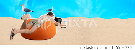 Contemporary art collage. Man sprawls on orange bean bag in sand, working on his laptop with drink nearby, while two seagulls perch playfully 115504776