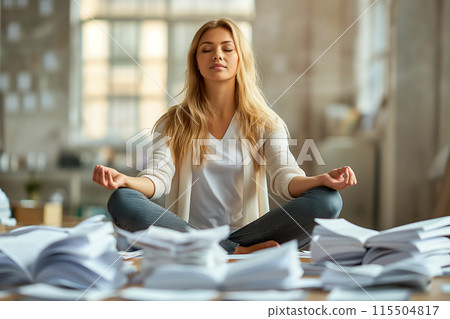 A woman is sitting on the floor surrounded by piles of papers 115504817