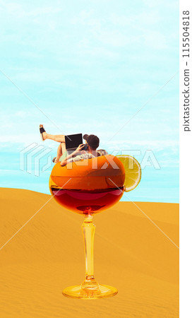 Contemporary art collage. Man dressed as tourist working, lying in glass full of cocktail against background of sea landscape. Abstract artwork. Contemporary art collage. Man dressed as tourist working, lying in glass full of cocktail against background of sea landscape. Abstract artwork. 115504818