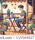 Man Working on Laptop on a Sunny Patio 115504927