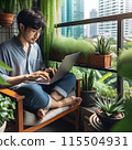 Man Working on Laptop on a Balcony With City View and Greenery 115504931