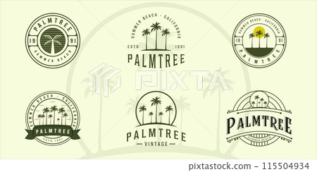 set of palm tree vintage logo vector illustration template icon graphic design. bundle collection of various retro tropical plant at the beach with typography style 115504934