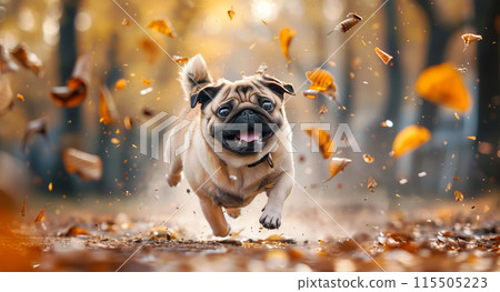 Funny Pug running through falling autumn leaves, action shot with a forest background 115505223
