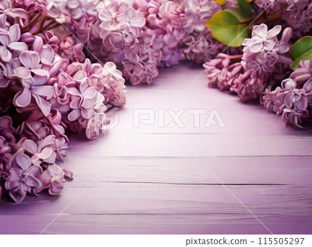 Pink and purple beautiful lilac flowers on wood background, card with empty copy space for text 115505297