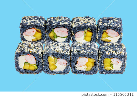 rolls with black rice, shrimp and avocado on a blue background 115505311