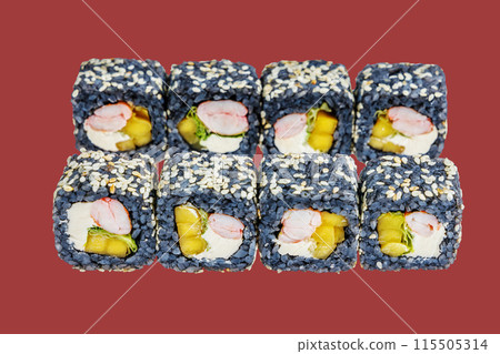 rolls with black rice, shrimp and avocado on a red background rolls with black rice, shrimp and avocado on a red background 115505314